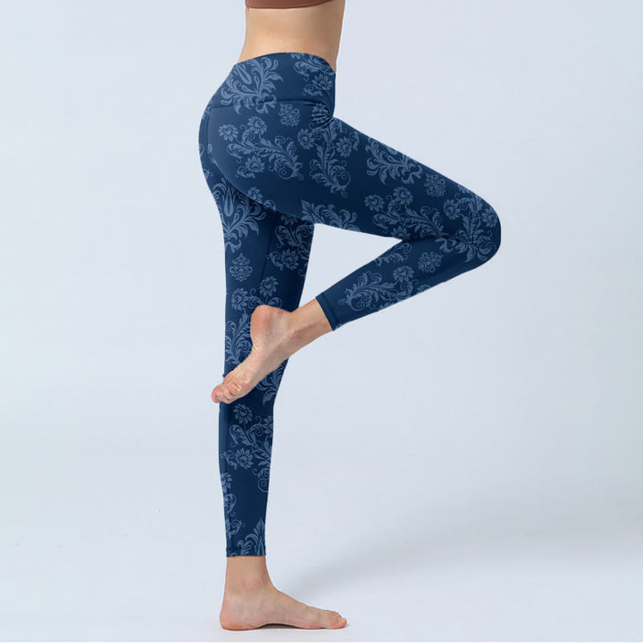 Buddha Stones Blue Floral Leaf Print Gym Leggings Women's Yoga Pants - image 3