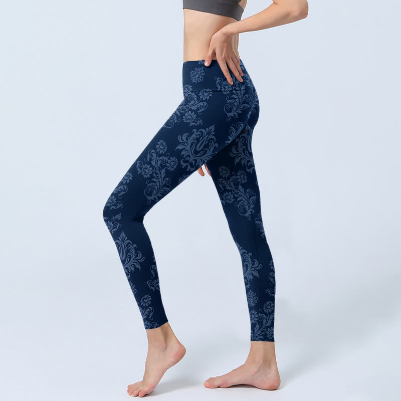Buddha Stones Blue Floral Leaf Print Gym Leggings Women's Yoga Pants - image 2