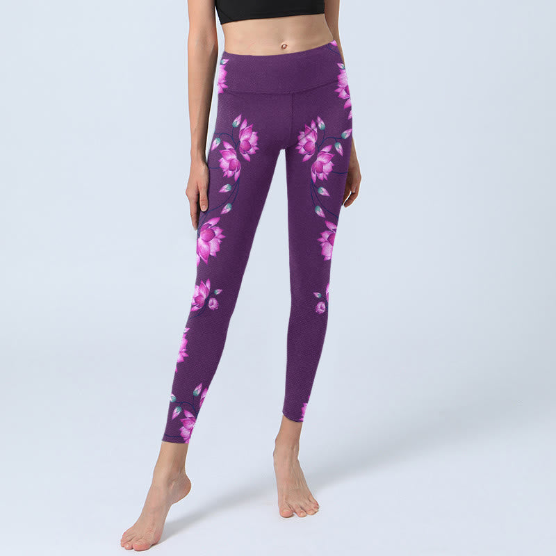 Buddha Stones Purple Pink Lotus Flower Print Gym Leggings Women's Yoga Pants - image 5