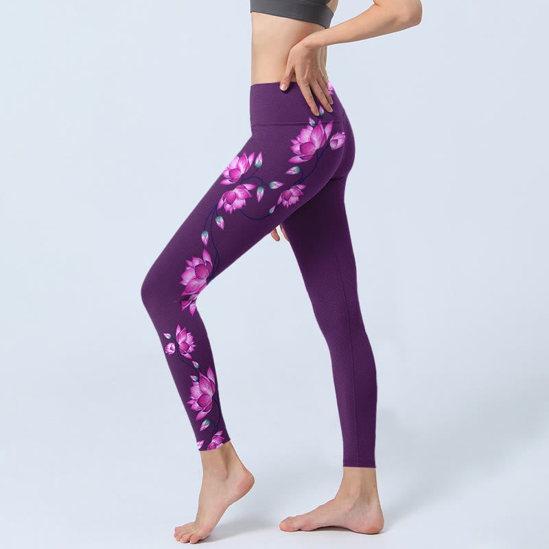 Buddha Stones Purple Pink Lotus Flower Print Gym Leggings Women's Yoga Pants - image 2
