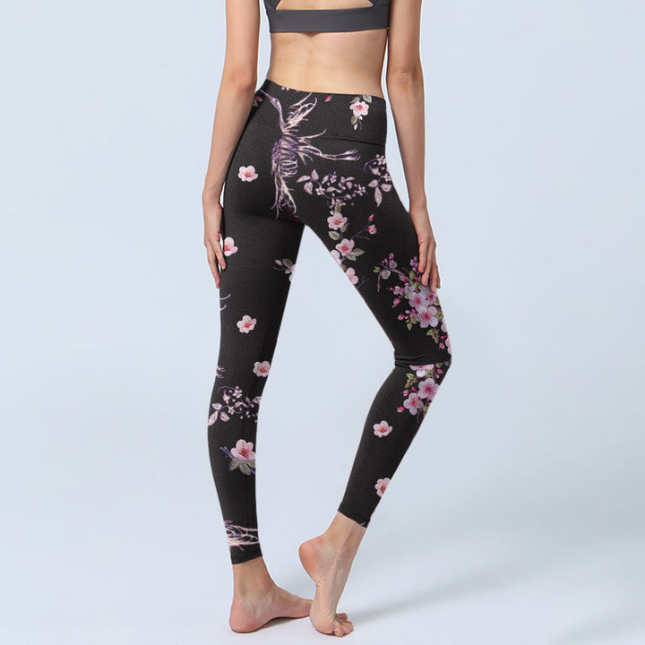 Buddha Stones Pink Flowers Flying Cranes Print Gym Leggings Women's Yoga Pants - image 4