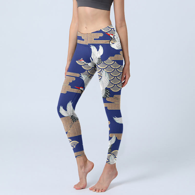 Buddha Stones Red-crowned Cranes Fan-shaped Auspicious Clouds Print Gym Leggings Women's Yoga Pants - RoyalBlue - US18，UK/AU22，EU50 (4XL) - image 0