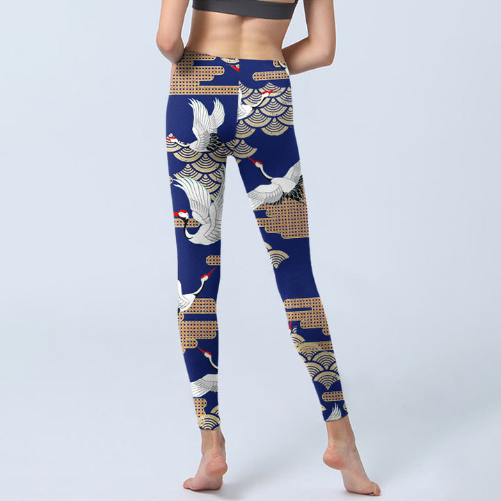Buddha Stones Red-crowned Cranes Fan-shaped Auspicious Clouds Print Gym Leggings Women's Yoga Pants - image 6