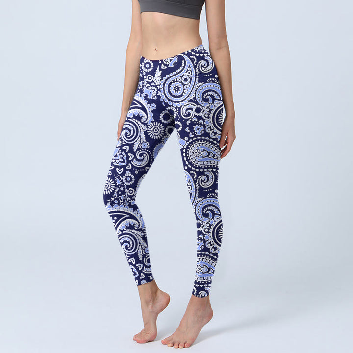 Buddha Stones Purple Blue Cashew Flower Print Gym Leggings Women's Yoga Pants - MediumSlateBlue - US18，UK/AU22，EU50 (4XL) - image 0