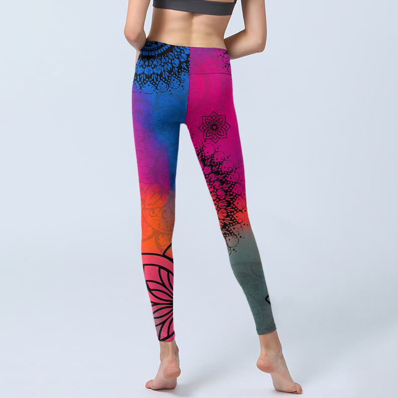 Buddha Stones Rose Red Blue Mandala Flower Print Gym Leggings Women's Yoga Pants - image 6