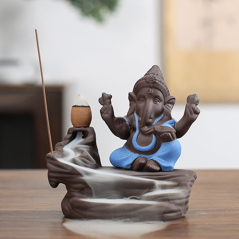 Buddha Stones Ganesh Elephant Purple Clay Backflow Smoke Fountain Protection Stick Incense Burner - Blue 10.1*11cm - image 0
