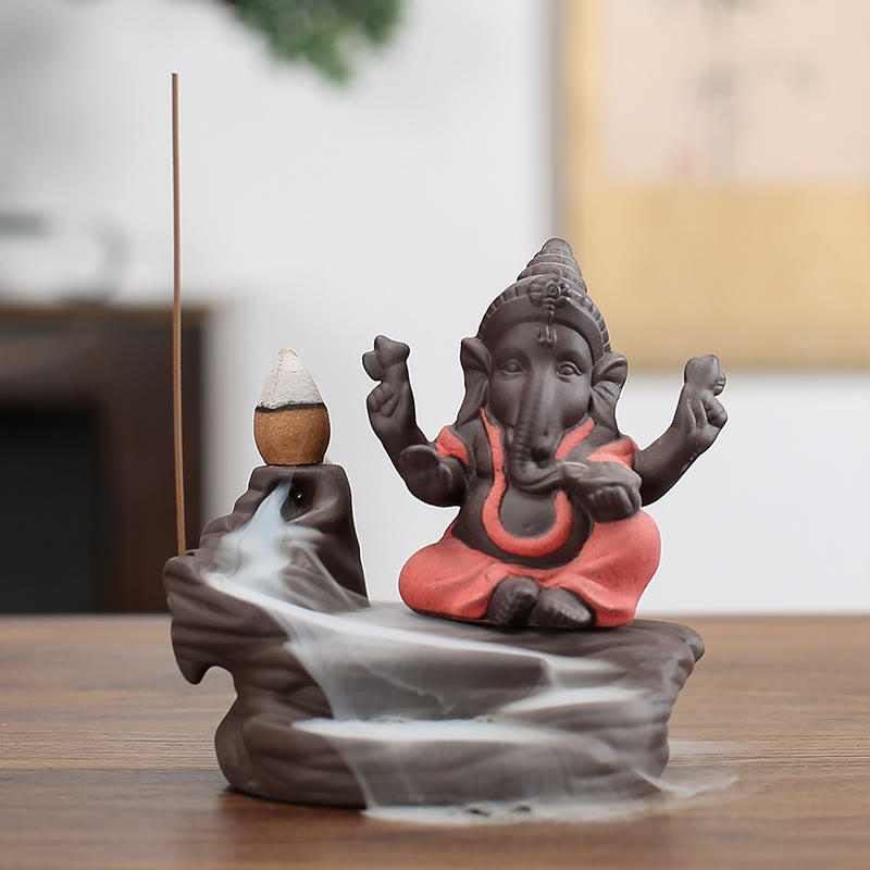 Buddha Stones Ganesh Elephant Purple Clay Backflow Smoke Fountain Protection Stick Incense Burner - Orange 10.1*11cm - image 1