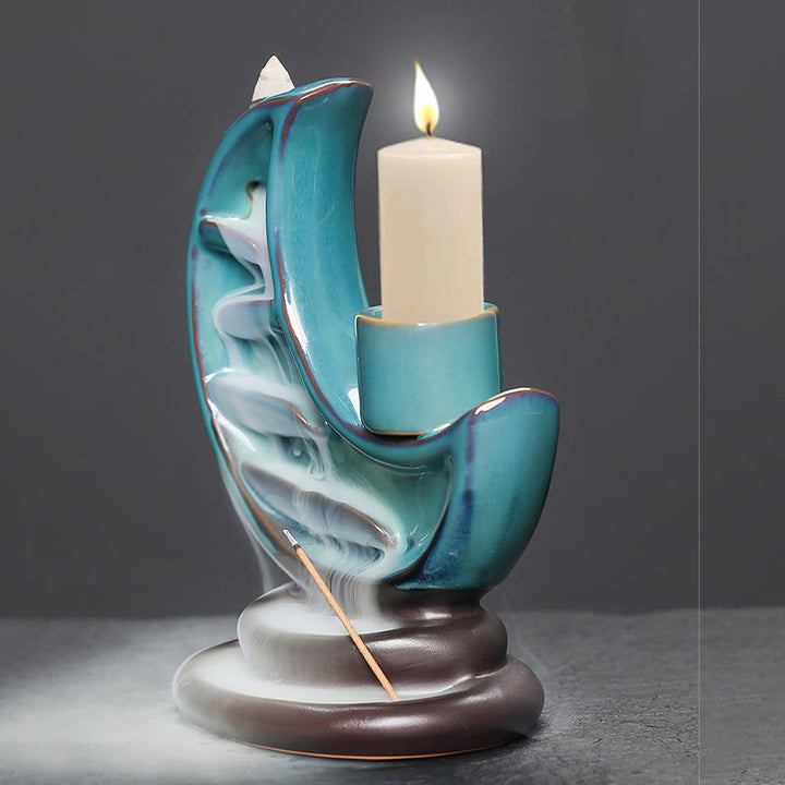 Buddha Stones Blue Crescent Moon Ceramic Backflow Smoke Fountain Meditation Candlestick Incense Burner Decoration - image 4