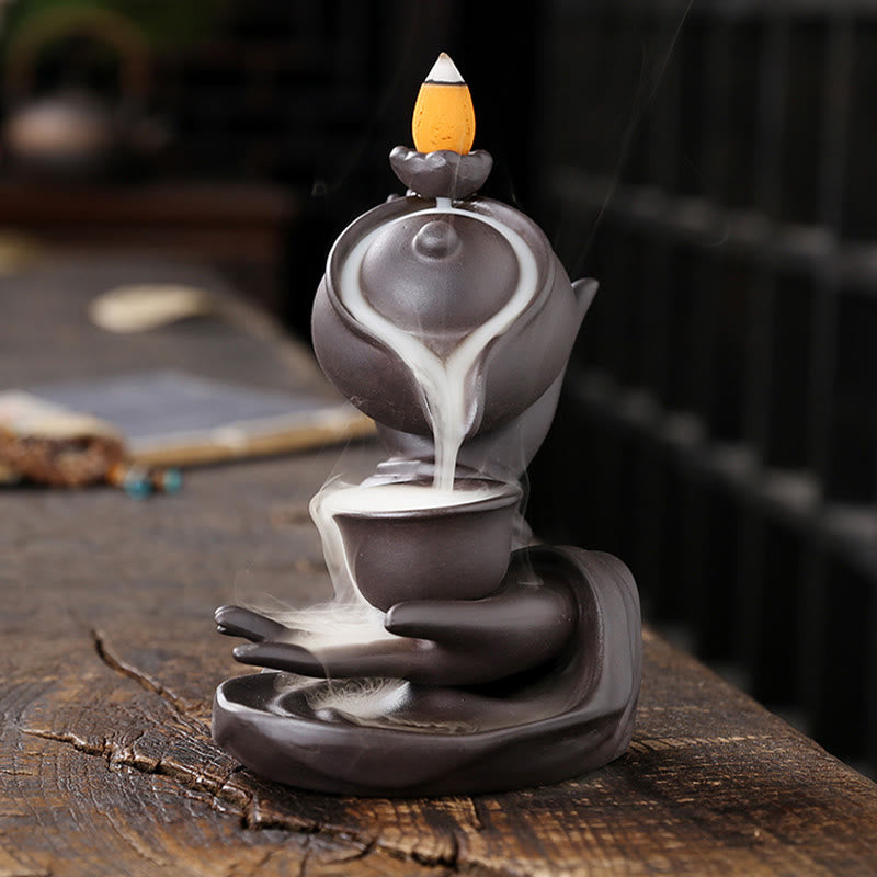 Buddha Stones Buddha Hand Holding Teapot Cup Ceramic Backflow Smoke Fountain Healing Incense Burner Decoration - image 1