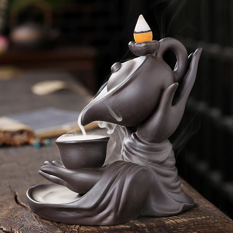 Buddha Stones Buddha Hand Holding Teapot Cup Ceramic Backflow Smoke Fountain Healing Incense Burner Decoration - image 2