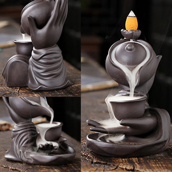 Buddha Stones Buddha Hand Holding Teapot Cup Ceramic Backflow Smoke Fountain Healing Incense Burner Decoration - image 8