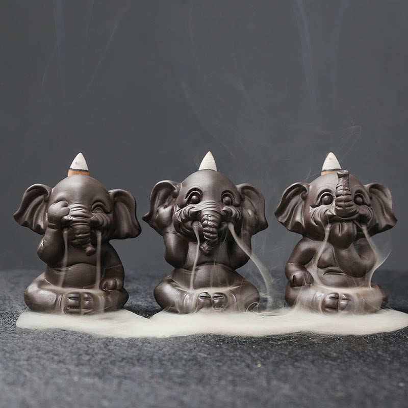Buddha Stones Cute Elephant Purple Clay Backflow Smoke Fountain Peace Healing Incense Burner Decoration - 3Pcs Elephant Set - image 0