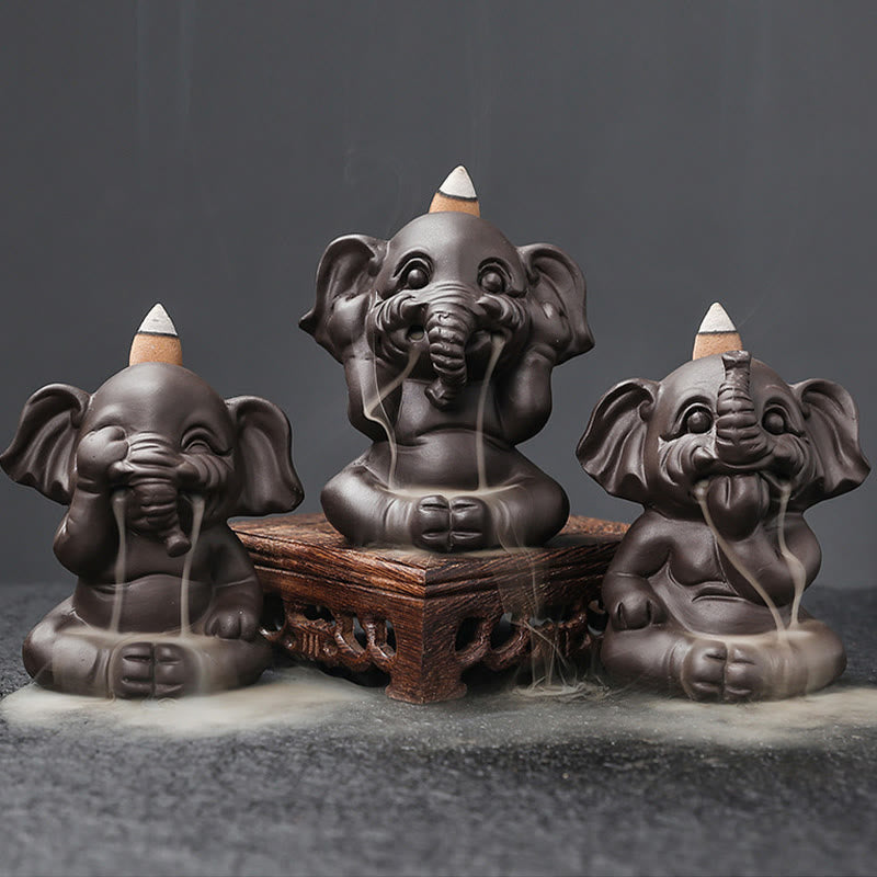 Buddha Stones Cute Elephant Purple Clay Backflow Smoke Fountain Peace Healing Incense Burner Decoration - image 1