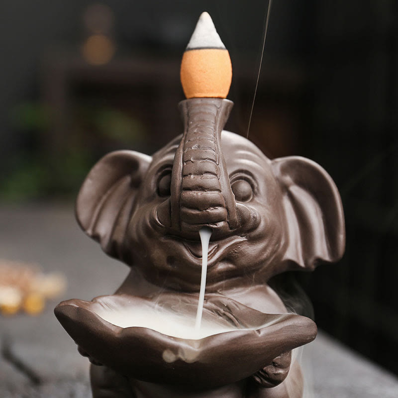 Buddha Stones Little Elephant Holding Leaf Purple Clay Backflow Smoke Fountain Healing Incense Burner Decoration - image 9