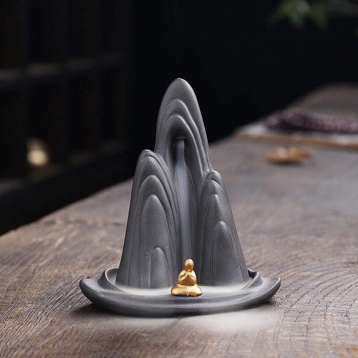 Buddha Stones Little Monk Mountains Flowing Water Purple Clay Ceramic Healing Backflow Incense Burner Decoration - 10*6.6*10.8cm(without incense) - image 0