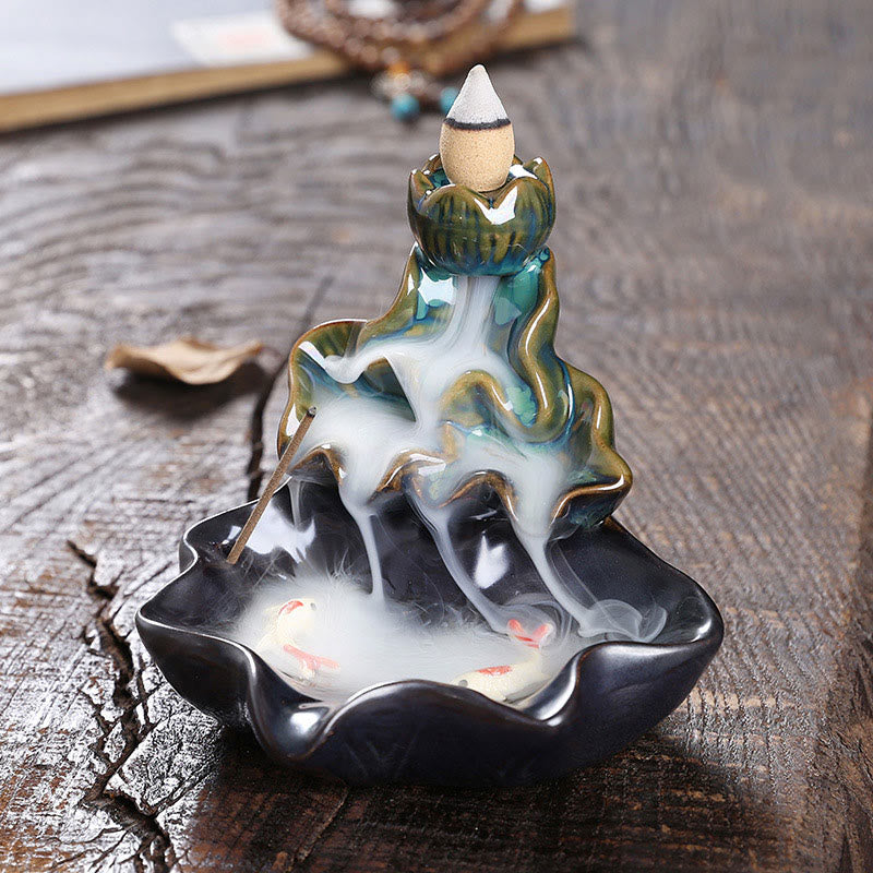 Buddha Stones Lotus Leaf Koi Fish Ceramic Backflow Smoke Fountain Peace Incense Burner Decoration - Blue 11.5*11*10cm - image 0