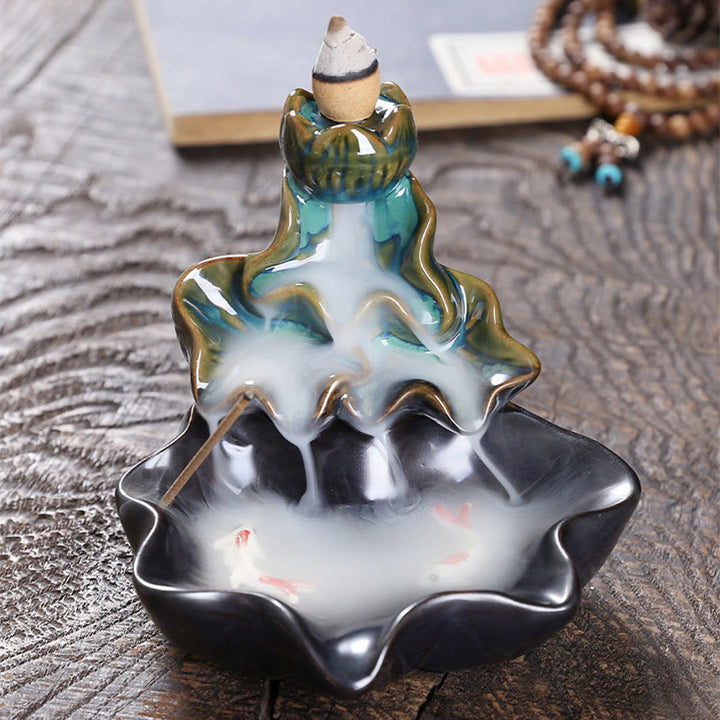Buddha Stones Lotus Leaf Koi Fish Ceramic Backflow Smoke Fountain Peace Incense Burner Decoration - image 2