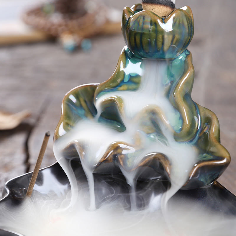 Buddha Stones Lotus Leaf Koi Fish Ceramic Backflow Smoke Fountain Peace Incense Burner Decoration - image 6