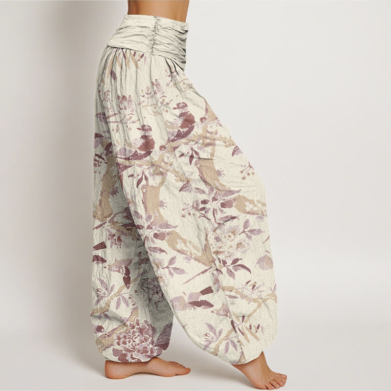 Buddha Stones Birds Branches Flowers Pattern Women's Elastic Waist Harem Pants - image 6