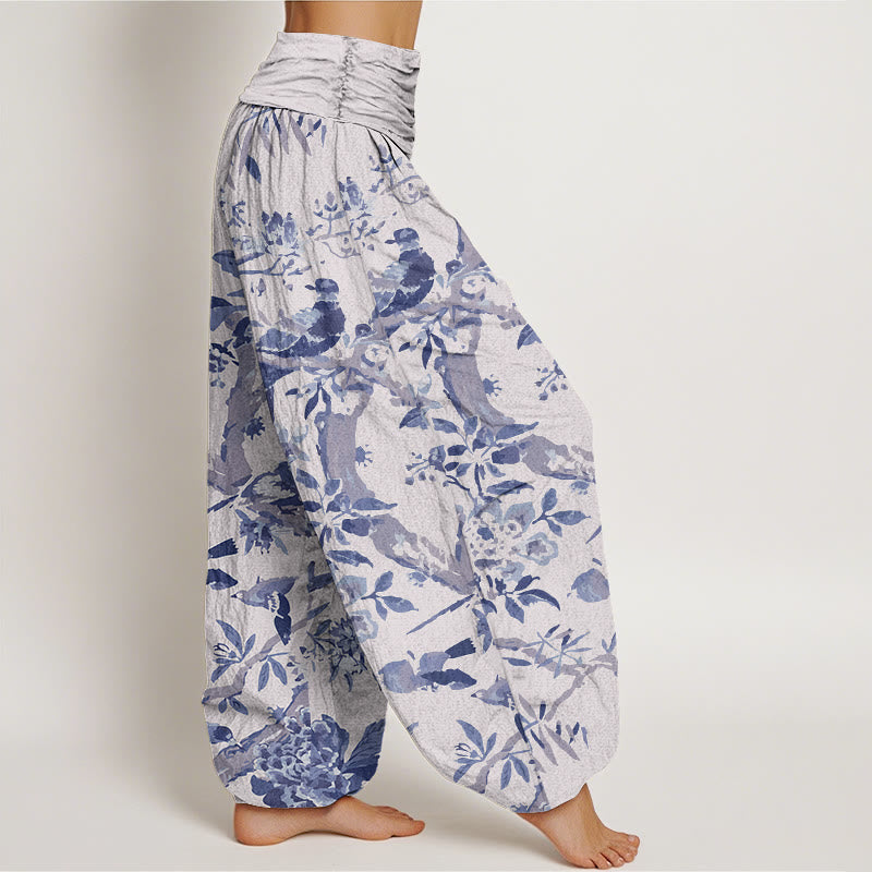 Buddha Stones Cotton Birds Branches Flowers Pattern Women's Elastic Waist Harem Pants - image 7