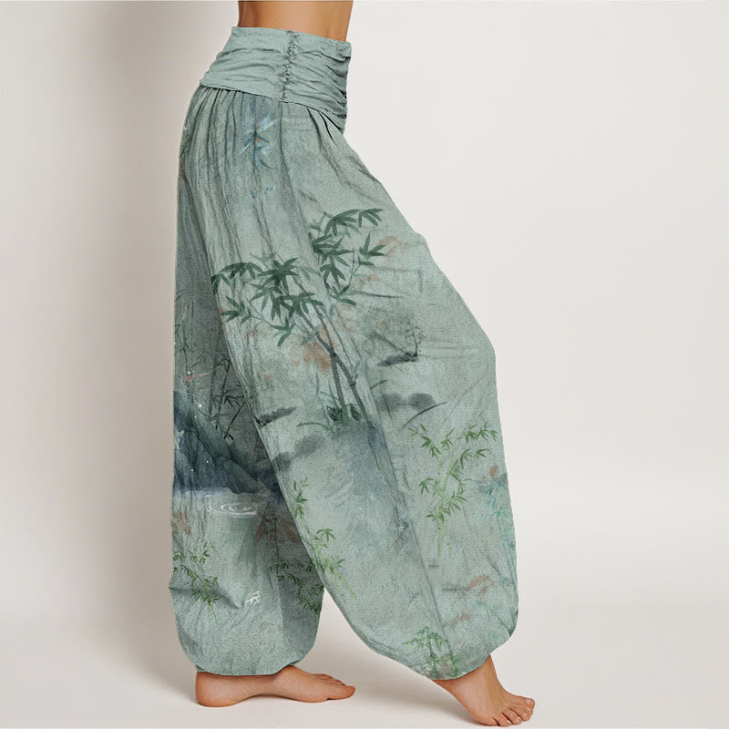 Buddha Stones Cotton Casual Bamboo Rock Ink Painting Women's Elastic Waist Harem Pants - image 8