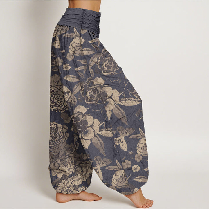 Buddha Stones Casual Peony Flowers Leaves Women's Elastic Waist Harem Pants - image 2