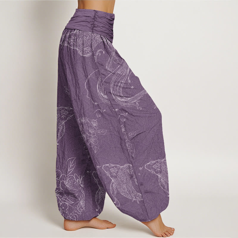 Buddha Stones Koi Fish Floral Pattern Women's Elastic Waist Harem Pants - image 6