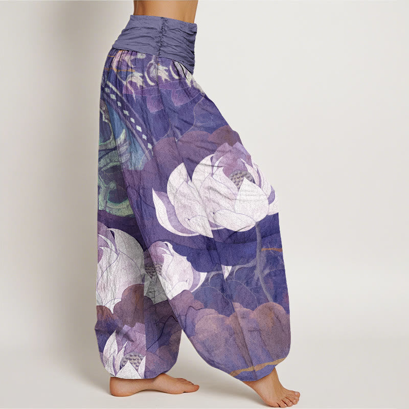 Buddha Stones Cotton White Lotus Leaves Pattern Casual Women's Elastic Waist Harem Pants - image 8