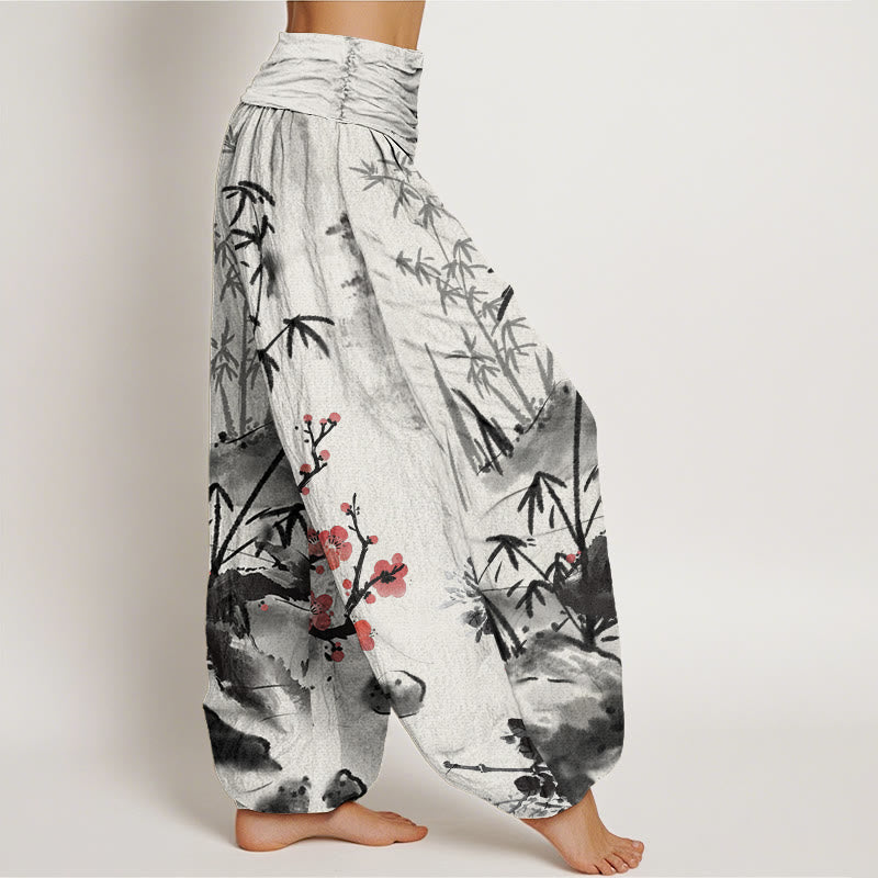 Buddha Stones Plum Blossoms Bamboo Orchids Chrysanthemums Pattern Women's Elastic Waist Harem Pants - image 2