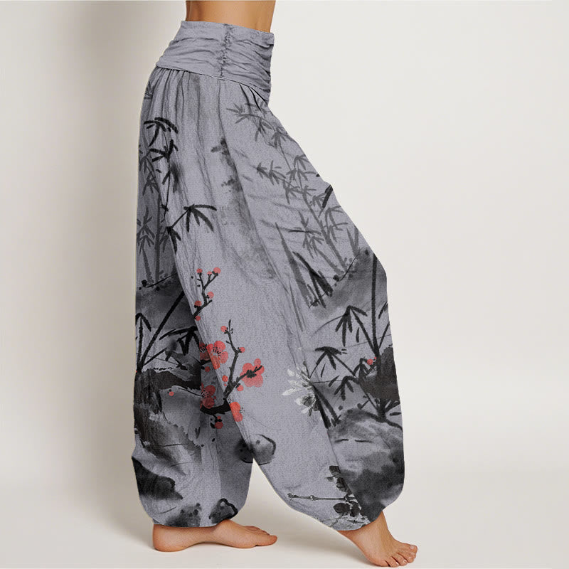 Buddha Stones Plum Blossoms Bamboo Orchids Chrysanthemums Pattern Women's Elastic Waist Harem Pants - image 9