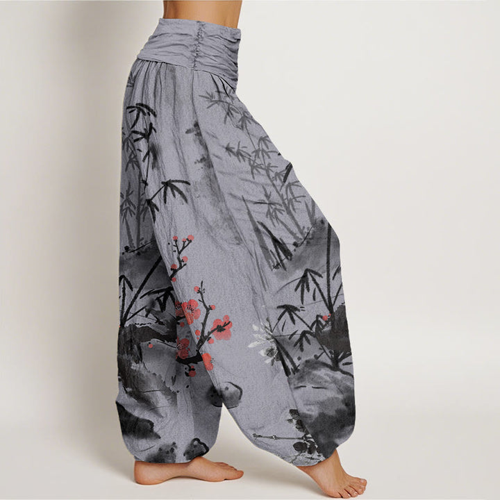 Buddha Stones Plum Blossoms Bamboo Orchids Chrysanthemums Pattern Women's Elastic Waist Harem Pants - image 9