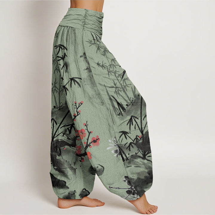 Buddha Stones Plum Blossoms Bamboo Orchids Chrysanthemums Pattern Women's Elastic Waist Harem Pants - image 6