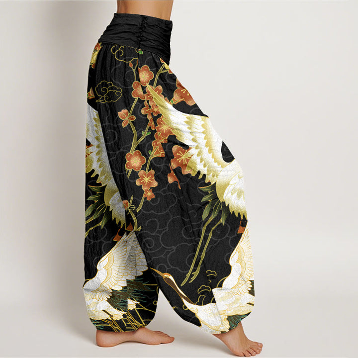 Buddha Stones Cranes Flowers Auspicious Clouds pattern Women's Elastic Waist Harem Pants