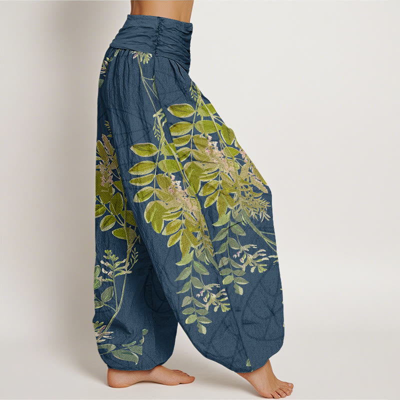 Buddha Stones Green Leaves Branches Women's Elastic Waist Harem Pants - image 9