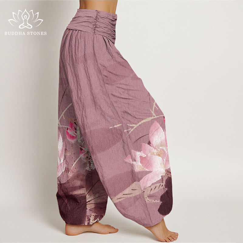 Buddha Stones Cotton Pink Lotus Leaves Bird Pattern Women's Elastic Waist Harem Pants - image 8