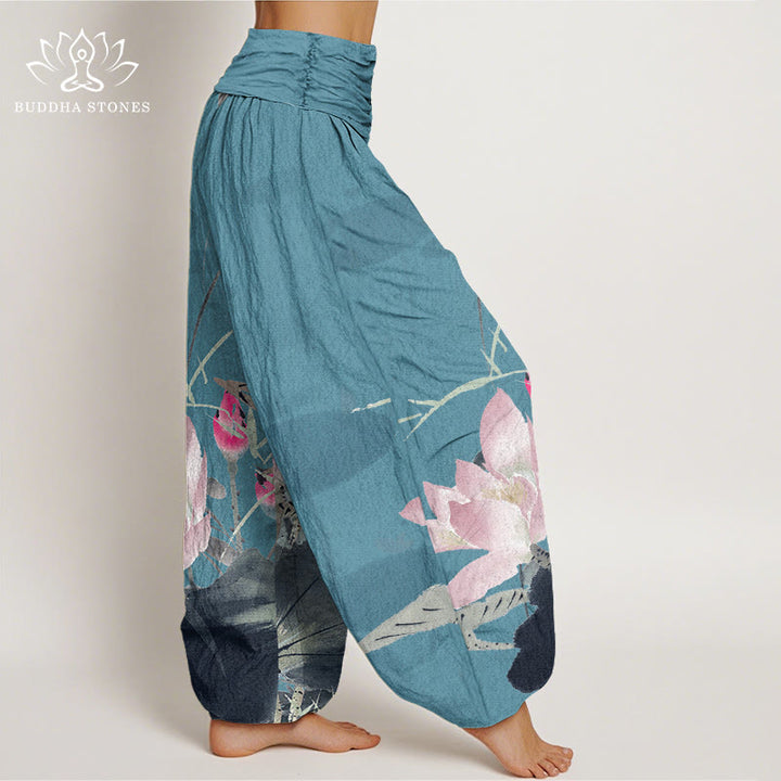 Buddha Stones Pink Lotus Leaves Bird Pattern Women's Elastic Waist Harem Pants - image 5