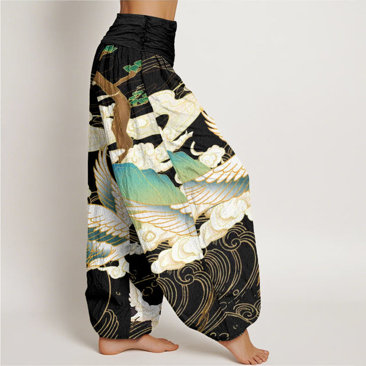 Buddha Stones Flying Cranes Auspicious Clouds Tree women's Elastic Waist Harem Pants