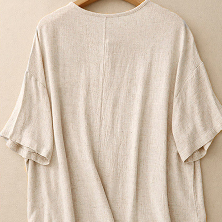 Buddha Stones Colorblock Side Slit  Frog-Button Cotton Linen Half Sleeve Women's Shirt With Pockets - image 2