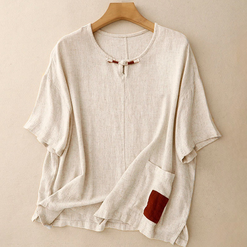 Buddha Stones Colorblock Side Slit  Frog-Button Cotton Linen Half Sleeve Women's Shirt With Pockets - AntiqueWhite - US14，UK/AU18，EU46 (2XL) - image 0