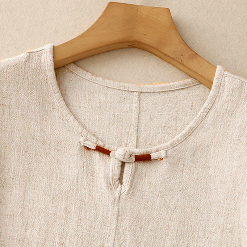 Buddha Stones Colorblock Side Slit  Frog-Button Cotton Linen Half Sleeve Women's Shirt With Pockets - image 1