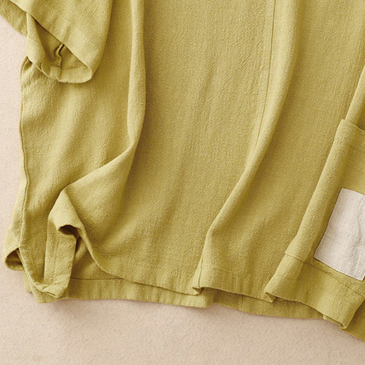 Buddha Stones Colorblock Side Slit  Frog-Button Cotton Linen Half Sleeve Women's Shirt With Pockets - image 14