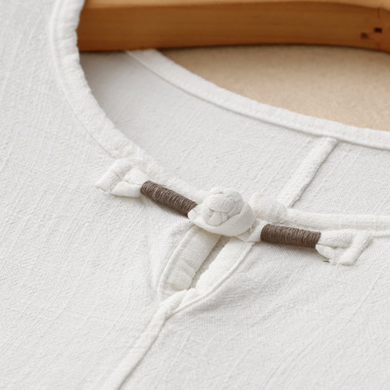 Buddha Stones Colorblock Side Slit  Frog-Button Cotton Linen Half Sleeve Women's Shirt With Pockets - image 18