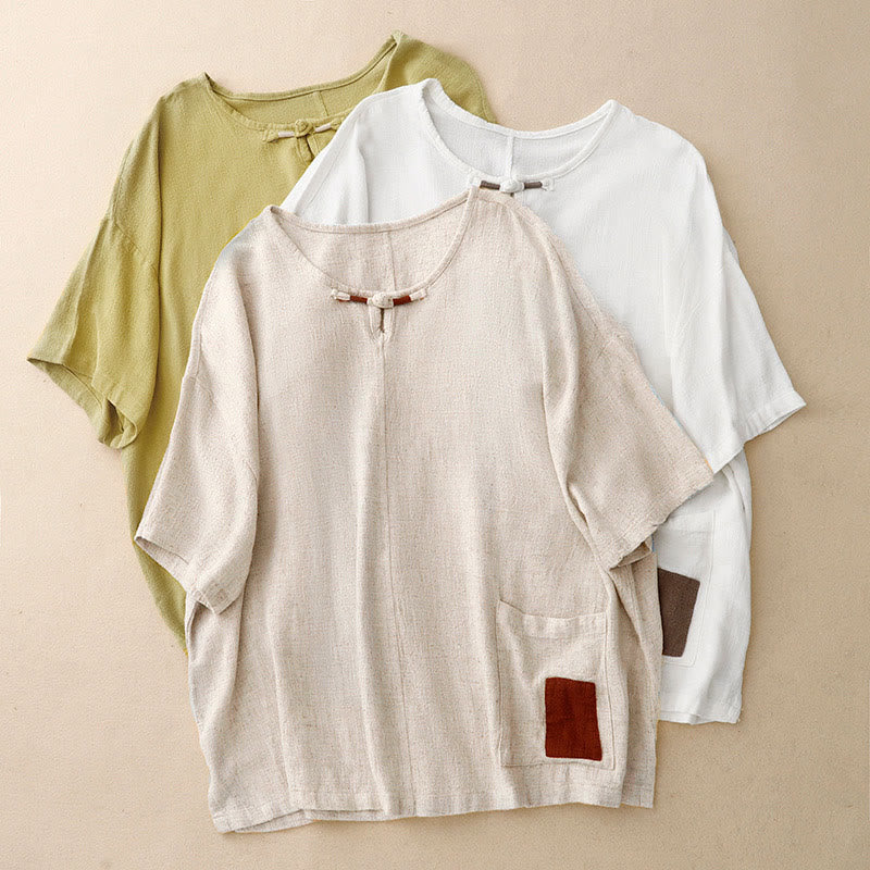 Buddha Stones Colorblock Side Slit  Frog-Button Cotton Linen Half Sleeve Women's Shirt With Pockets - image 21
