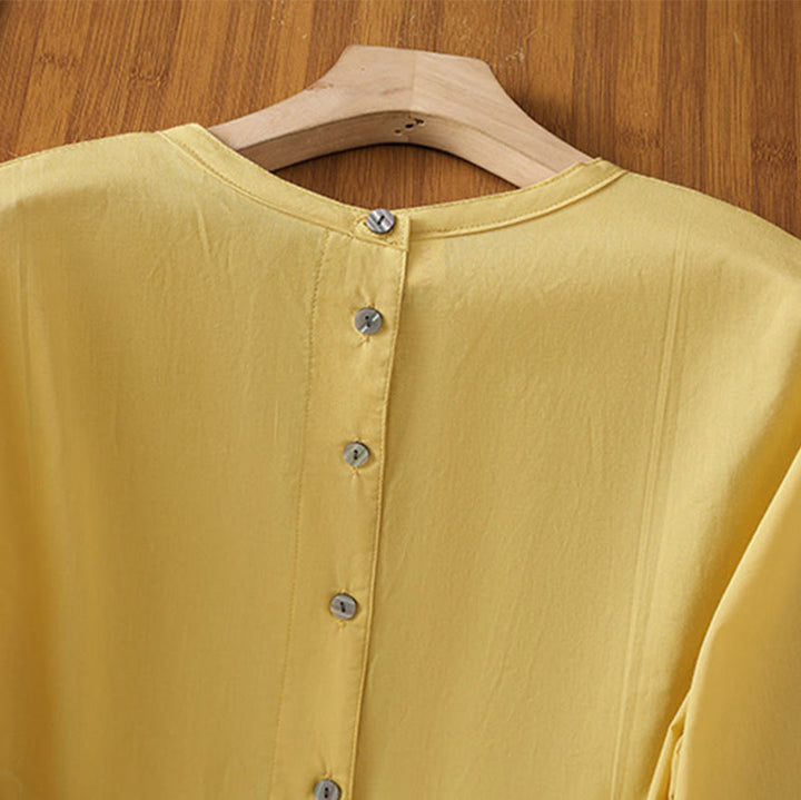 Buddha Stones Plain Lace Hem Single Breasted Button Cotton Linen Three Quarter Sleeve Women's Crew Neck Shirt - image 5