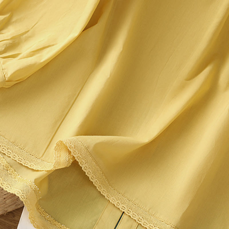 Buddha Stones Plain Lace Hem Single Breasted Button Cotton Linen Three Quarter Sleeve Women's Crew Neck Shirt - image 4