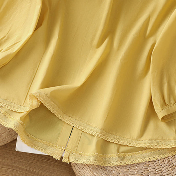 Buddha Stones Plain Lace Hem Single Breasted Button Cotton Linen Three Quarter Sleeve Women's Crew Neck Shirt - image 7