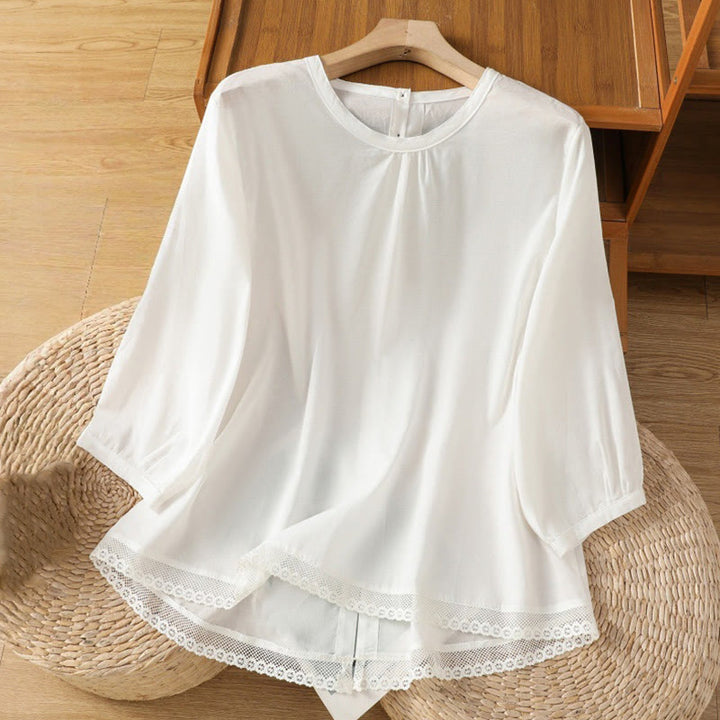 Buddha Stones Plain Lace Hem Single Breasted Button Cotton Linen Three Quarter Sleeve Women's Crew Neck Shirt - White - US14，UK/AU18，EU46 (2XL) - image 9