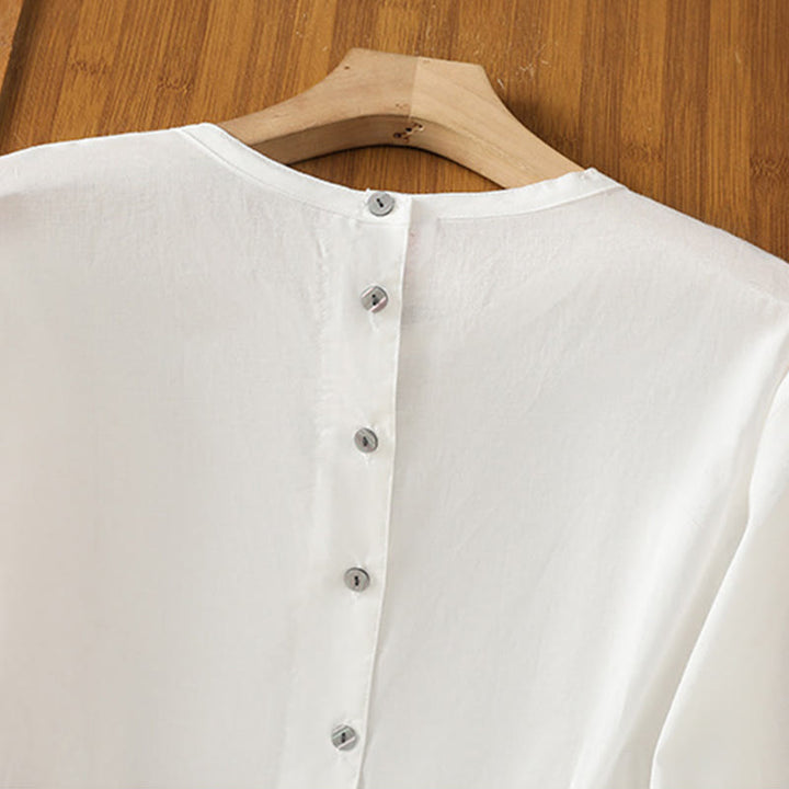 Buddha Stones Plain Lace Hem Single Breasted Button Cotton Linen Three Quarter Sleeve Women's Crew Neck Shirt - image 16