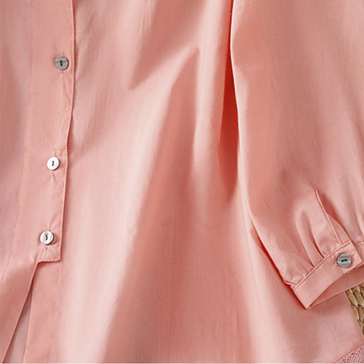 Buddha Stones Plain Lace Hem Single Breasted Button Cotton Linen Three Quarter Sleeve Women's Crew Neck Shirt - image 31