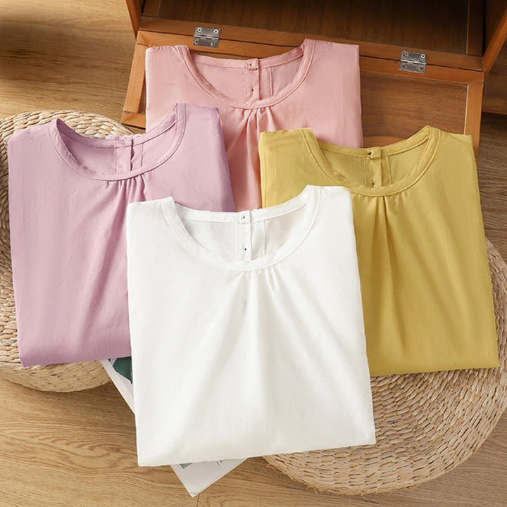 Buddha Stones Plain Lace Hem Single Breasted Button Cotton Linen Three Quarter Sleeve Women's Crew Neck Shirt - image 35